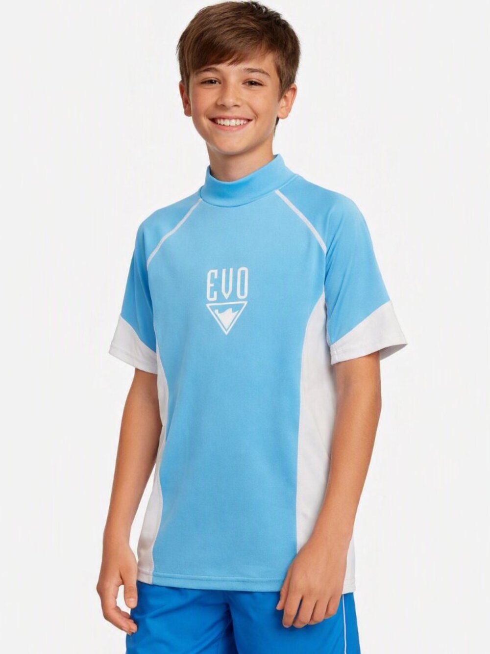 Evo Boys Rashguard Sun Shirt UPF 30 Short Sleeve White Blue Size L (14-16) New